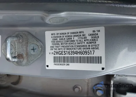 2004 Honda Civic Vp from USA, damaged, VIN 2HGES16394H609517